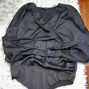 Long Sleeve Satin Black Top Bodysuit